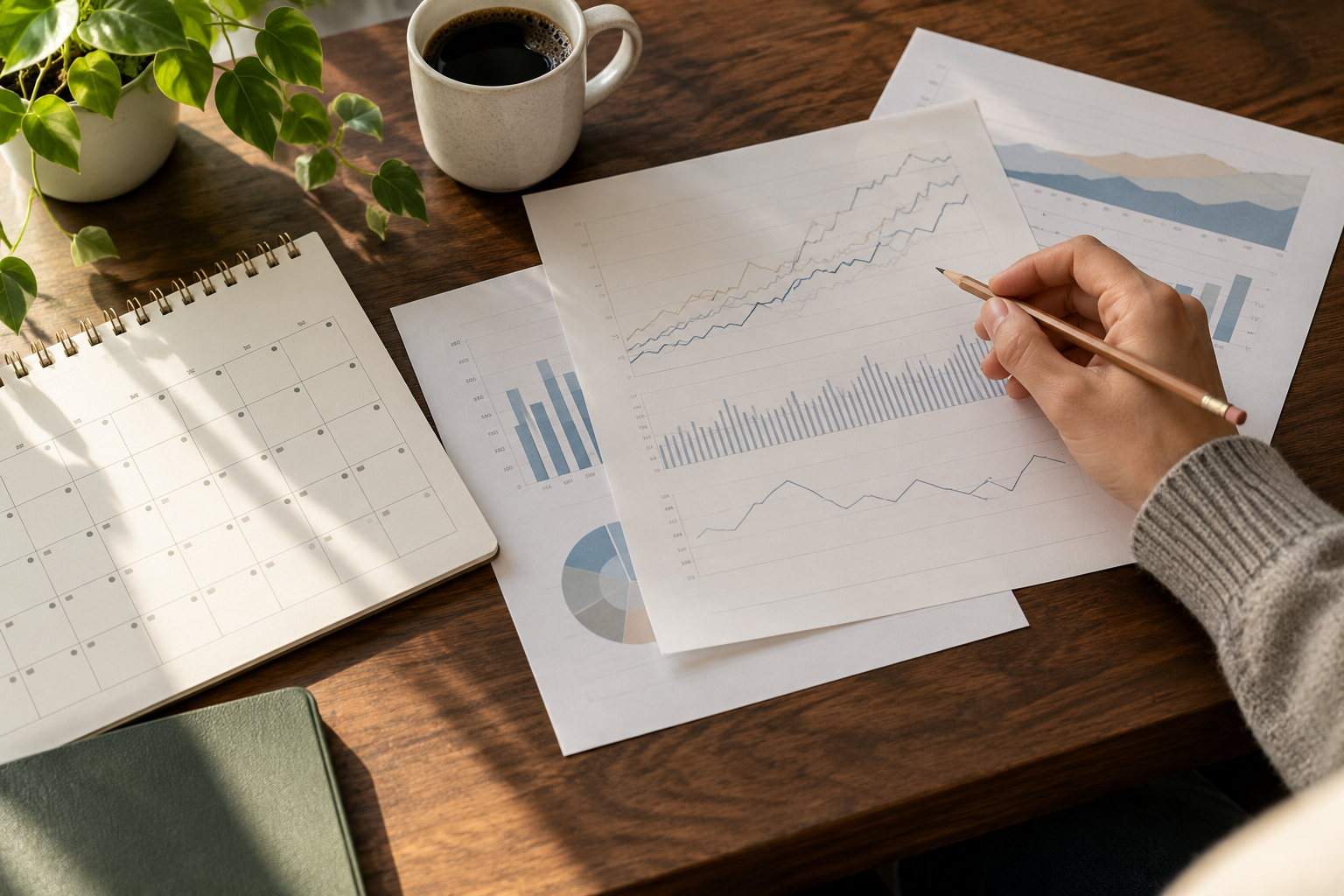 Hand reviewing printed charts with a pencil beside a paper calendar on a wooden desk