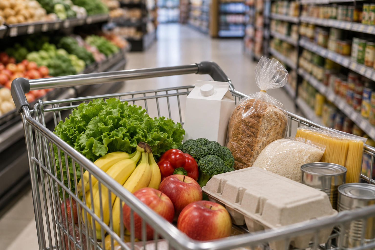 Grocery cart filled with produce, bread, eggs, and pantry staples in a supermarket aisle