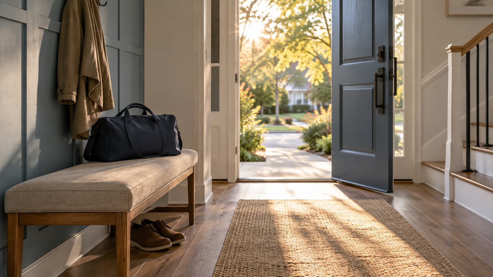 Illustrative work bag on an entryway bench beneath a coat beside an open front door