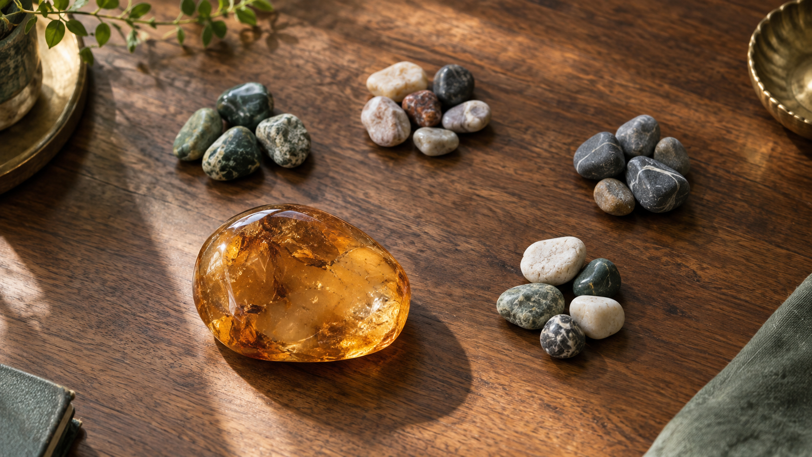 One large amber stone beside several smaller groups of stones on a wooden table