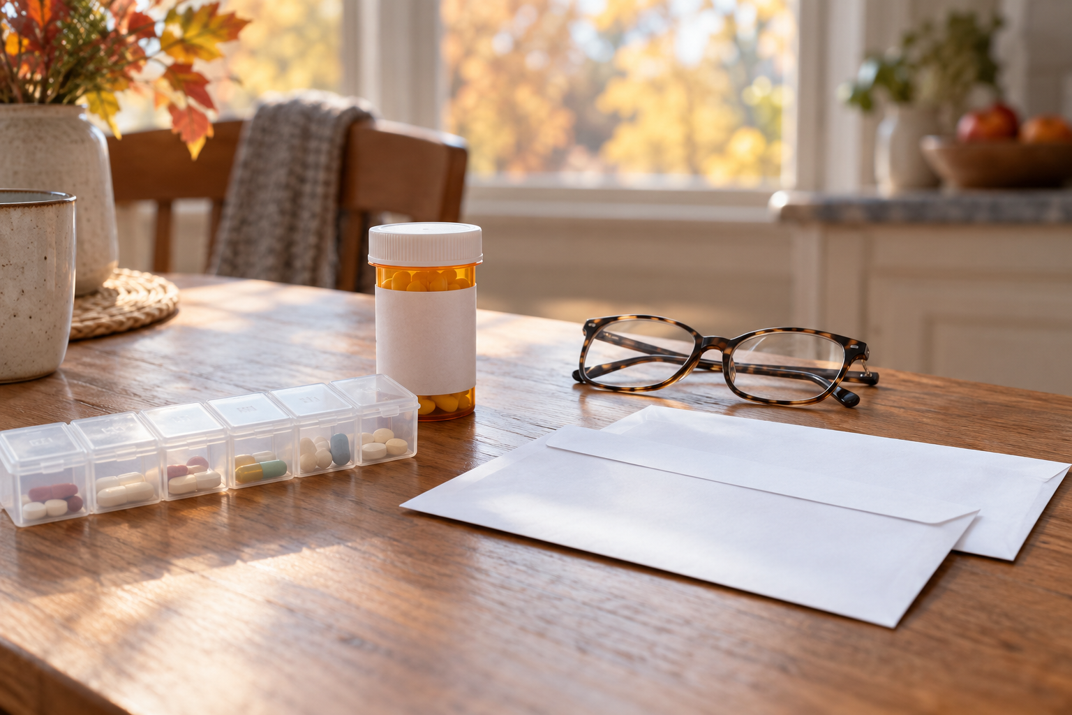 Pill organizer, unbranded prescription bottle, reading glasses, and blank envelopes on a sunlit kitchen table