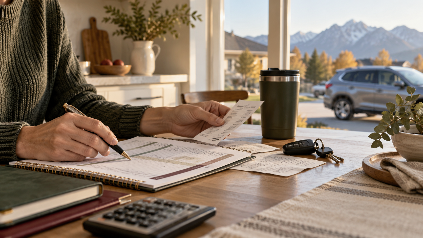 Person reviewing a household budget and fuel receipt beside car keys at a kitchen table