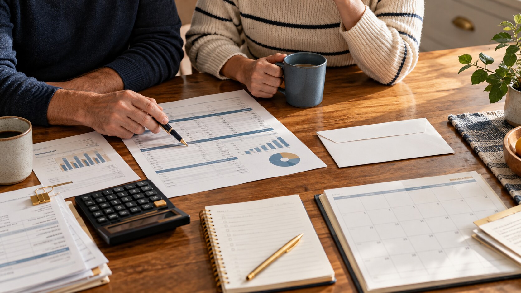 Couple reviewing a household budget beside an unopened envelope on a kitchen table
