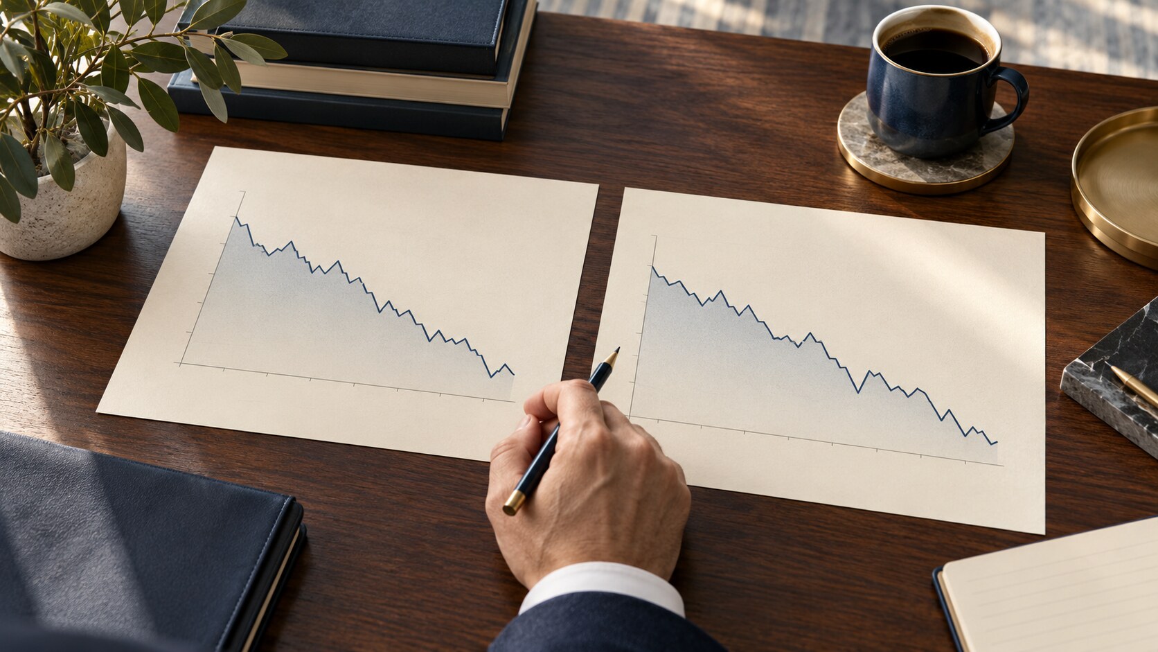 Two unlabeled market charts declining together on a financial planner's desk
