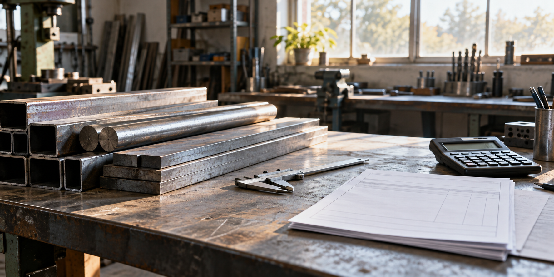 Metal stock, a caliper, blank invoice sheets, and a calculator on a fabrication workbench