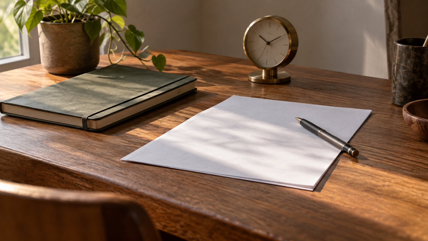 Blank statement, pen, notebook, and desk clock on a sunlit wooden table