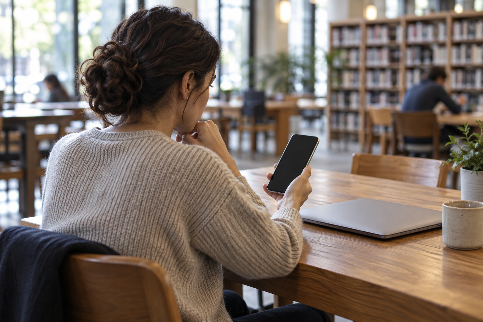 Woman viewing a phone in a library with a closed laptop on the table
